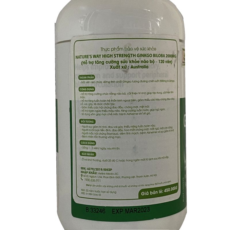 Ginkgo Biloba 2000mg Nature Way Lọ 120 Viên - Thành phần Công Dụng